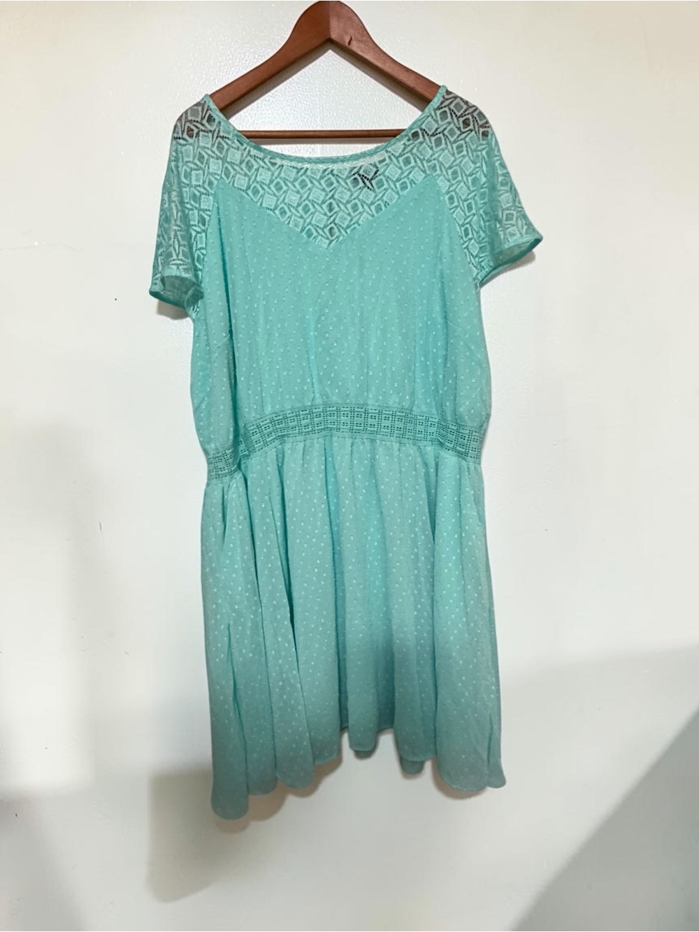 ⁠TORRID Mint Green Swiss Dot Lace Yoke Skater Dress Plus Size 3 3X Short Sleeve⁠